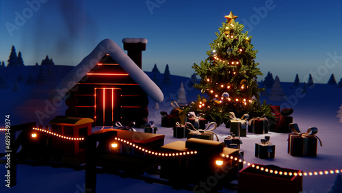 Perfect Christmas winter fairytale landscape. With the train traveling through the snowy forest that reaches the snow-covered wooden house of Santa Claus 