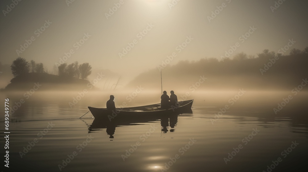 Image of fishermen in a boat, serene morning atmosphere.