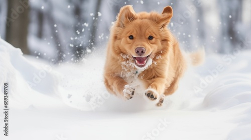 Image of happy dog running in the snow. © kept