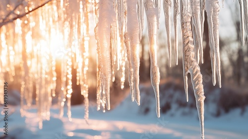 Image of icicles hanging gracefully in a winter landscape. photo
