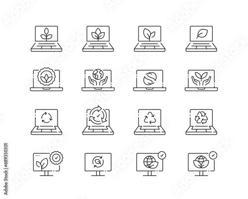 Eco Computing Icon collection containing 16 editable stroke icons. Perfect for logos, stats and infographics. Edit the thickness of the line in Adobe Illustrator (or any vector capable app).