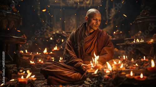 Buddhist Monk in Deep Meditation, Surrounded by Incense Candles in an Ornate Temple. Concept of Spiritual Serenity, Devotion, and Sacred Tranquility. photo