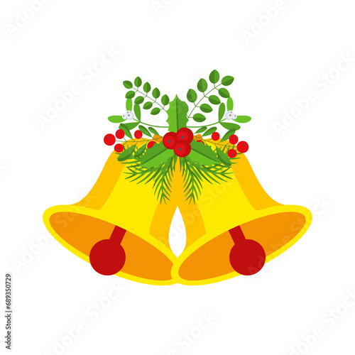 Two Christmas bells with holly berry floral garland.