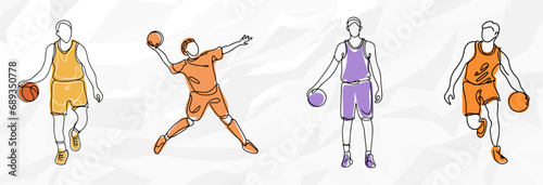 Minimalistische Ballkünstler: Lineart Vektorgrafik-Bundle von Basketballspielern in einfarbigen Outfits