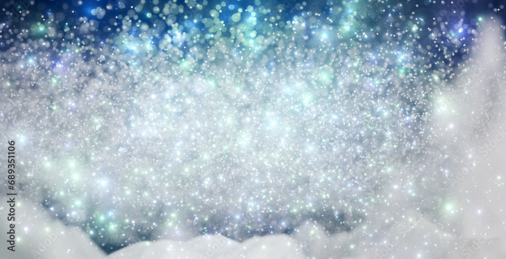Winter Christmas background with falling snow in the mountains. 3D render illustration.