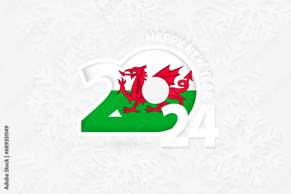New Year 2024 for Wales on snowflake background.