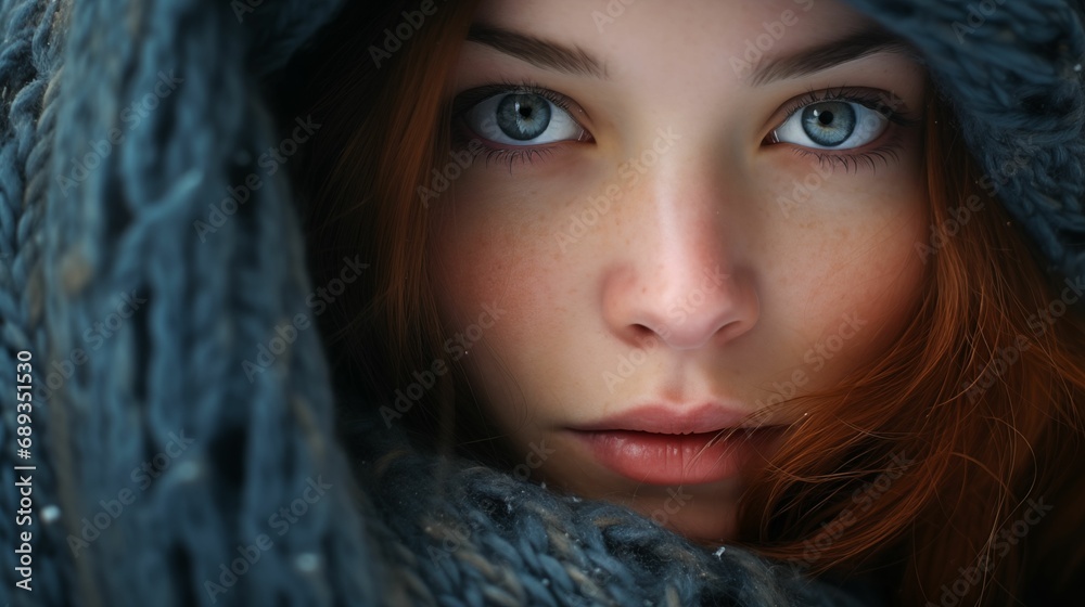 Image of the girl’s face is wrapped in a cozy scarf. Image of the girl’s face is wrapped in a cozy scarf.