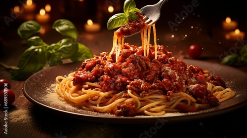 Image of spaghetti coated in rich bolognese sauce. photo