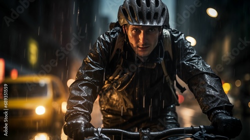 Man riding a bicycle in the pouring rain.