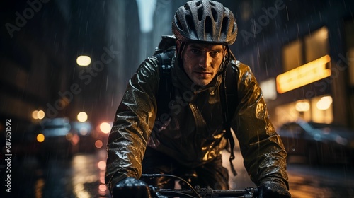 Man riding a bicycle in the pouring rain.