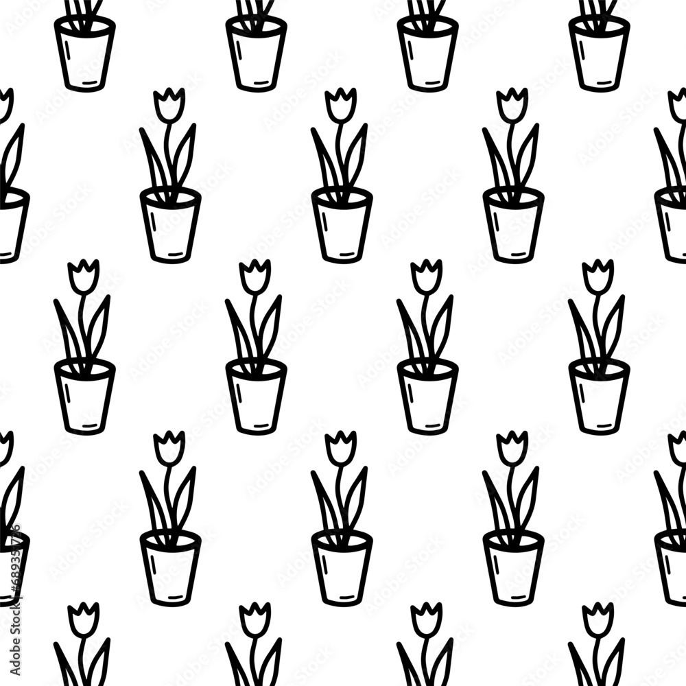 Tulip in pot seamless pattern. Doodle tulip in pot outline pattern. Cartoon Tulip in pot wrapper, wallpaper for gift, restaurant, textile decoration. Floral pattern outline adult coloring page Tulip in pot seamless pattern. Doodle tulip in pot outline pattern. Cartoon Tulip in pot wrapper, wallpaper for gift, restaurant, textile decoration. Floral pattern outline adult coloring page
