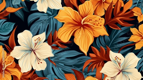 vintage style hawaiian seamless background pattern with tropical flowers and leaves 