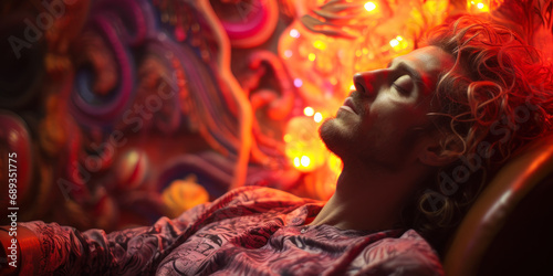 a man in a chair plunged into a session of a psychedelic trip generative ai
