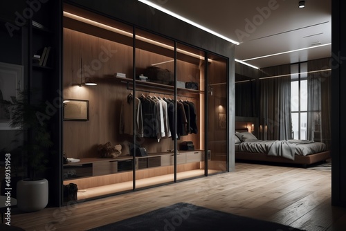 Interior of bedroom with wardrobe in modern house.