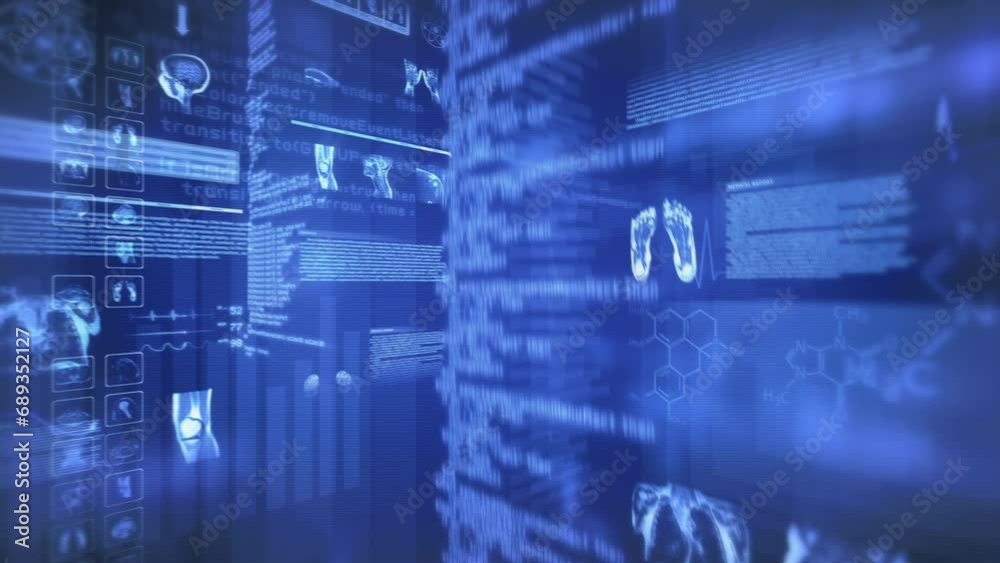 Futuristic Medical Background. Video showing MRI, Charts, Numbers and Data Rotating 360, Futuristic Technology Concept. Loop able Animation.
