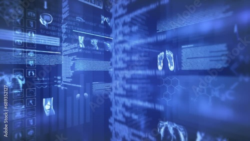 Futuristic Medical Background. Video showing MRI, Charts, Numbers and Data Rotating 360, Futuristic Technology Concept. Loop able Animation.

