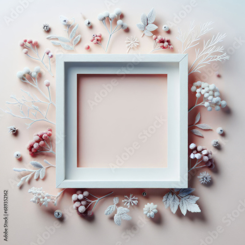 Christmas or winter background. Photo frame and Christmas decorations in the snow.