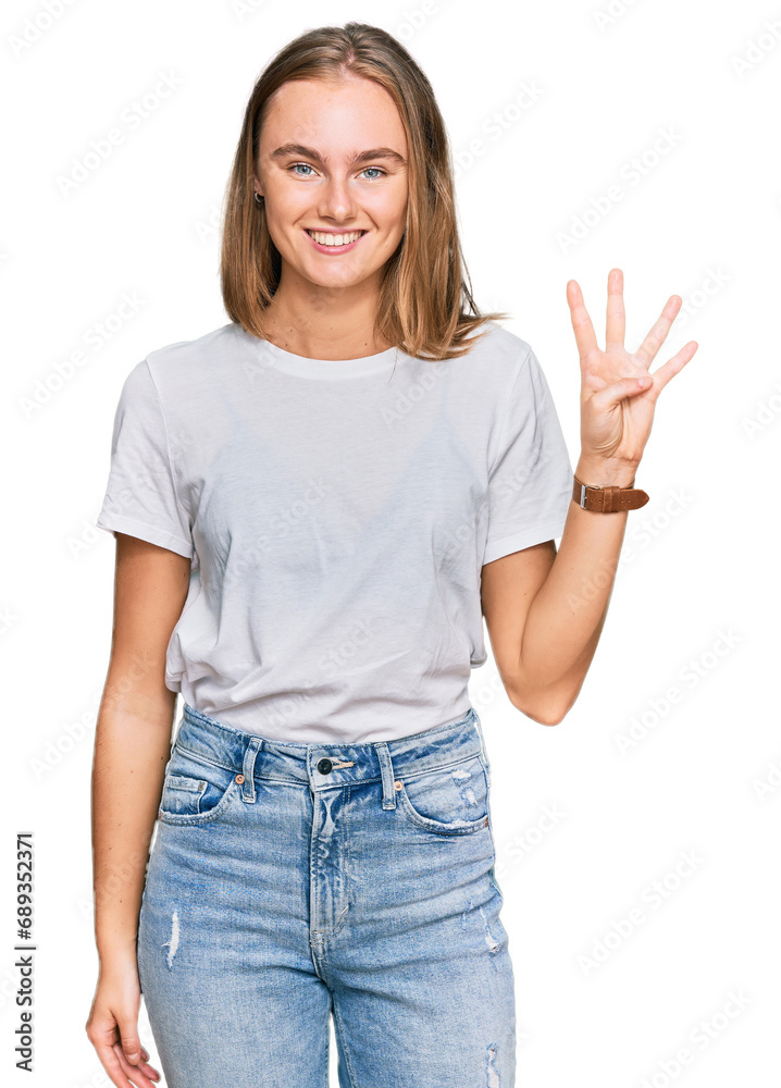 Beautiful young blonde woman wearing casual white t shirt showing and pointing up with fingers number four while smiling confident and happy. Beautiful young blonde woman wearing casual white t shirt showing and pointing up with fingers number four while smiling confident and happy.