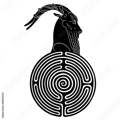 Round spiral maze or labyrinth symbol with horned head of a goat in profile. Animal design. Ancient Greek ethnic motif. Vase painting style. Black and white silhouette.