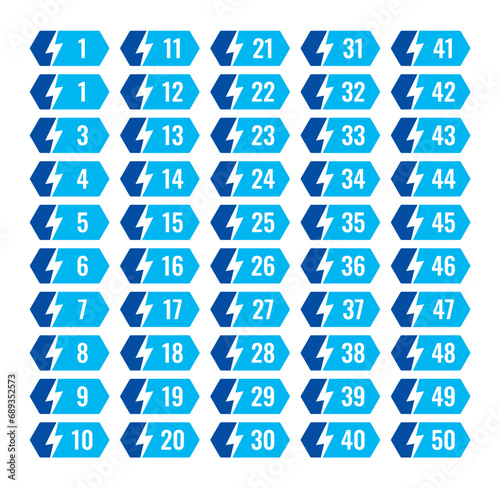 numbers with fifty steps lightning symbols. numbers 1-50 and lightning symbol