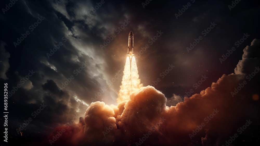 The rocket soars into space, leaving behind a plume of fiery exhaust gases.