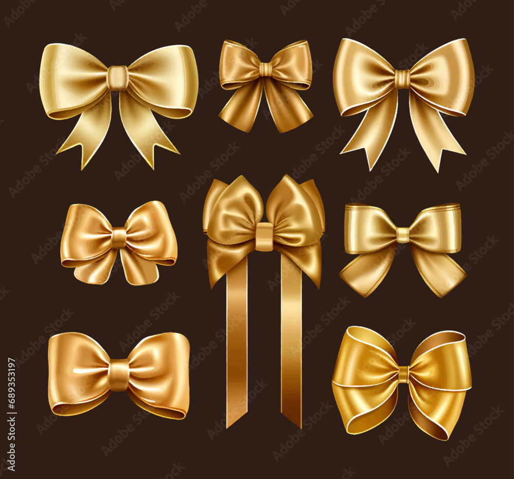 Set of decorative golden bows isolated on a dark background. Vector illustration Set of decorative golden bows isolated on a dark background. Vector illustration