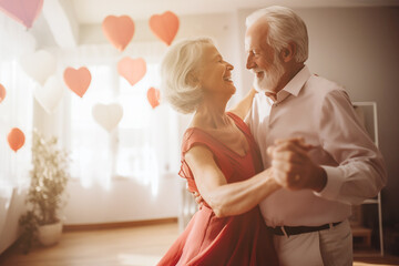 Photo of mature senior couple dancing on valentine day