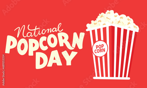 National popcorn day text banner. Handwriting text and red popcorn bucket on red background. Hand drawn vector art.