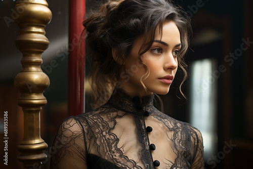 Beautiful portrait of woman in 1800 years in vintage dress