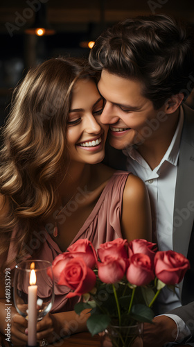 Handsome elegant man is holding roses and covering his girlfriend's eyes while making a surprise in restaurant, both are smiling