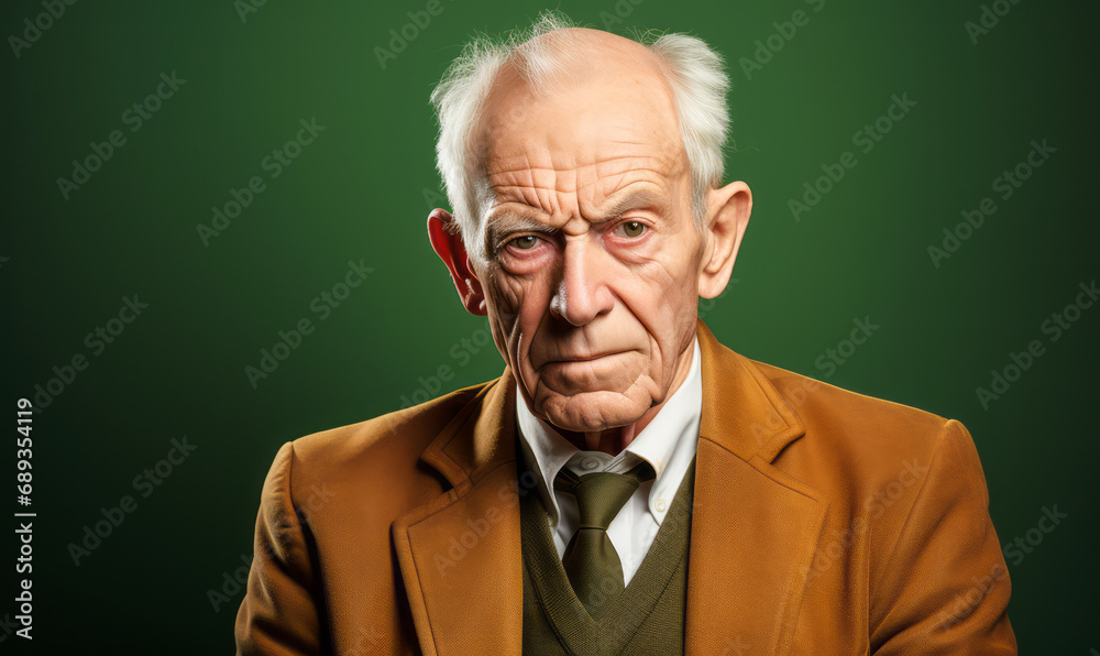 Distinguished Elderly Gentleman with a Stern Expression, Donning a Classic Brown Blazer and Green Tie over a Sweater, Posing Against a Green Backdrop Distinguished Elderly Gentleman with a Stern Expression, Donning a Classic Brown Blazer and Green Tie over a Sweater, Posing Against a Green Backdrop
