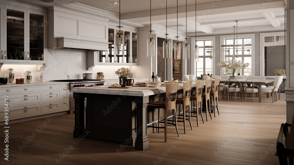 Sophisticated Kitchen and Dining Room with Elegant Lighting