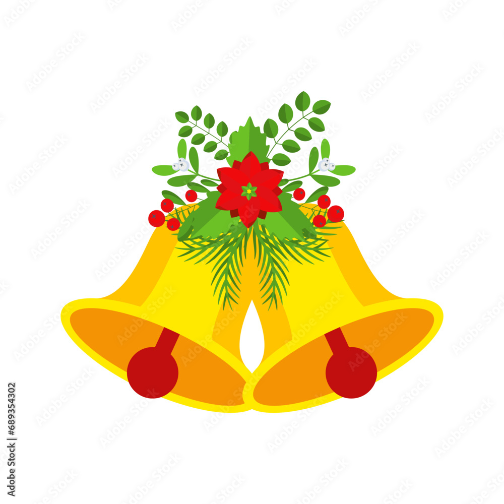 Two Christmas bells with poinsettia flower and fir branch floral garland.