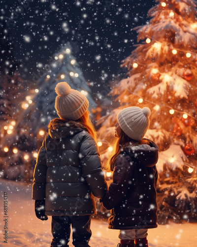 Little girl and boy near the Christmas tree, holidays outdoors, copy space