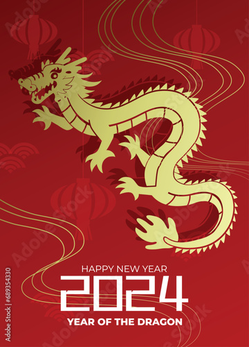 Golden dragon silhouette on red background with lanterns. Lunar new year 2024 vector card.