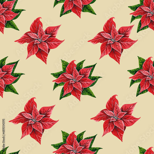 Christmas seamless pattern with poinsettia flowers  hand painted watercolor illustration isolated on beige background. Floral illustration for Christmas decoration  postcards  invitations.