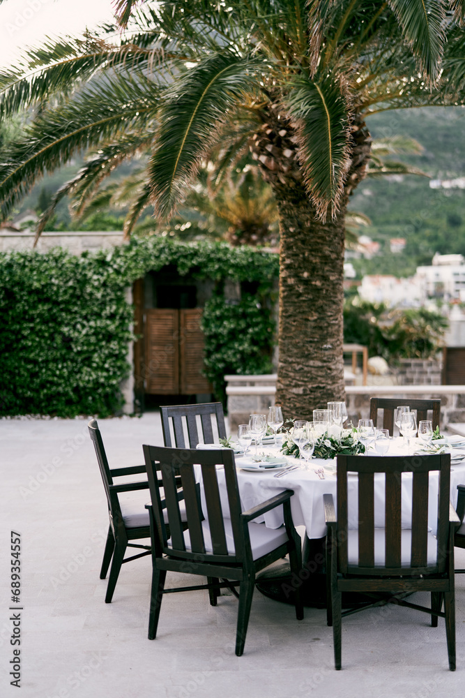 Laid table with chairs stands near a palm tree in an open-air restaurant