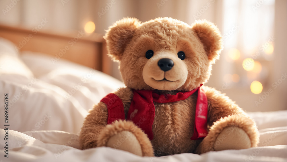 Cute teddy bear toy sitting on the bed in the bedroom