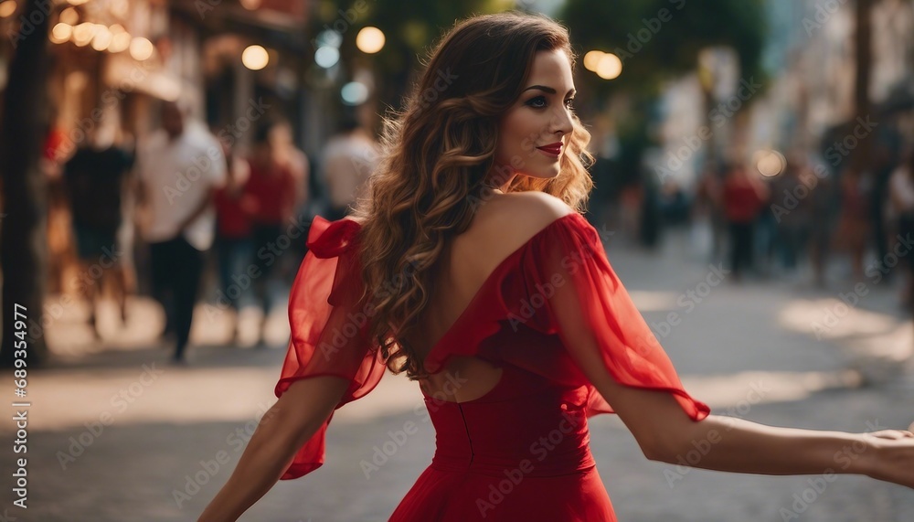 Beautiful woman in red dress dancing salsa on the street Stock Photo ...