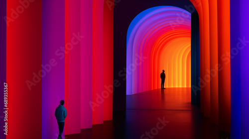 Two silhouettes in a neon tunnel, abstract background.