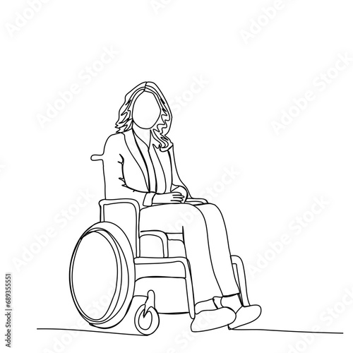 Woman in a wheelchair one line drawing vector illustration.