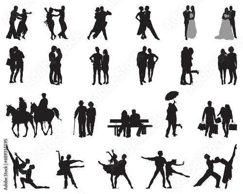 Black silhouettes of couples on white background photo