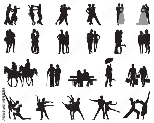 Black silhouettes of couples on white background