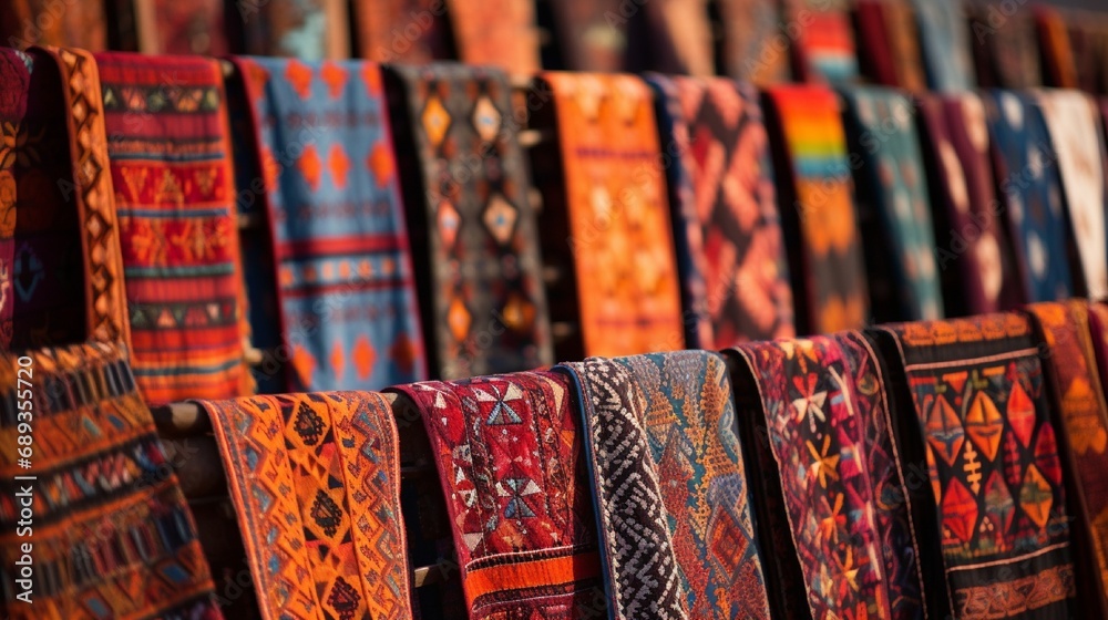 An array of colorful traditional Sindhi Ajrak displayed at a cultural festival.