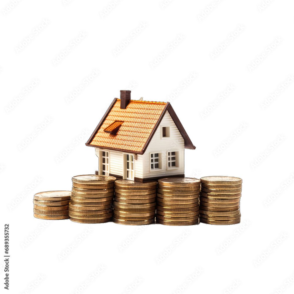 Miniature House on Coin Stack - A House Miniature Situated on a Stack of Coins Symbolizing Real Estate Investment and Financial Growth. Isolated on a White Backgro. Cutout PNG. Miniature House on Coin Stack - A House Miniature Situated on a Stack of Coins Symbolizing Real Estate Investment and Financial Growth. Isolated on a White Backgro. Cutout PNG.