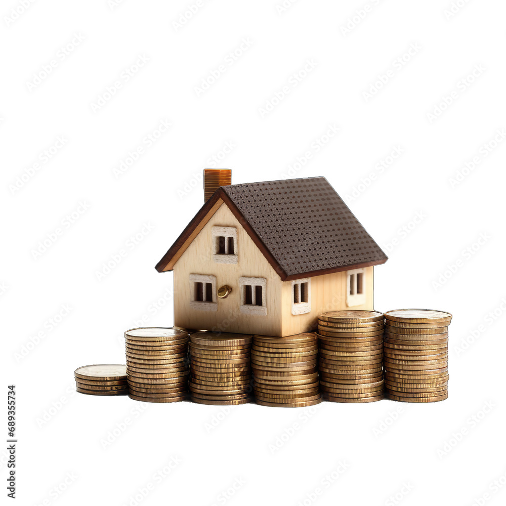 Miniature House on Coin Stack - A House Miniature Situated on a Stack of Coins Symbolizing Real Estate Investment and Financial Growth. Isolated on a White Backgro. Cutout PNG. Miniature House on Coin Stack - A House Miniature Situated on a Stack of Coins Symbolizing Real Estate Investment and Financial Growth. Isolated on a White Backgro. Cutout PNG.