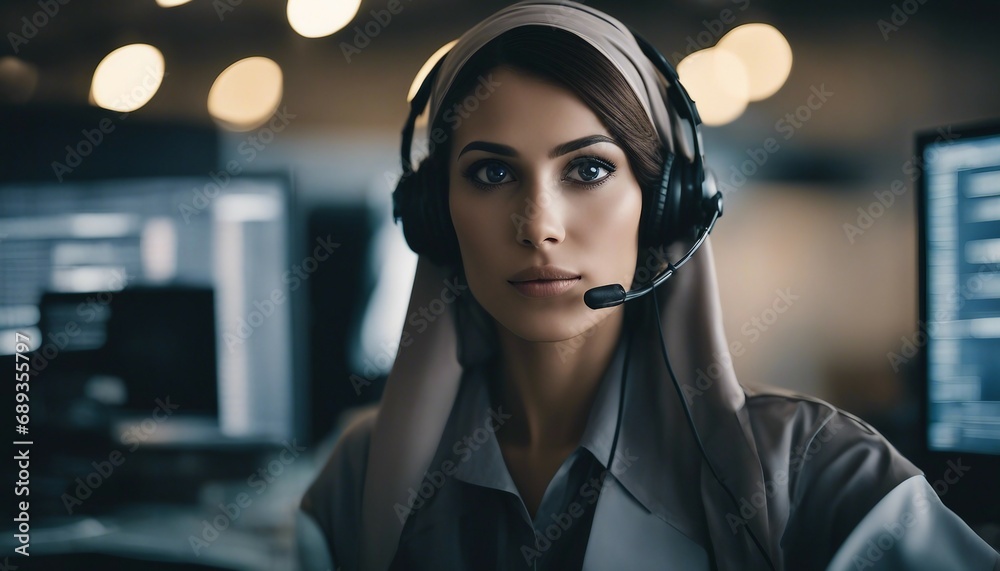 A call center officer muslim woman wearing a headscarf
A call center officer muslim woman wearing a headscarf