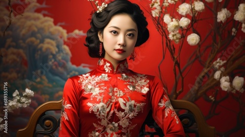 Woman in traditional Asian attire, elaborate floral headdress, embroidered silk dress, vibrant colors, holding a decorative fan, red and pink tones, cultural fashion portrait