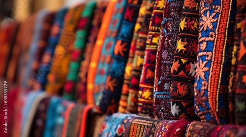 An array of colorful traditional Sindhi Ajrak displayed at a cultural festival. © Abdul