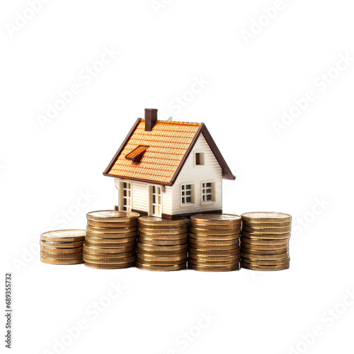 Miniature House on Coin Stack - A House Miniature Situated on a Stack of Coins Symbolizing Real Estate Investment and Financial Growth. Isolated on a White Backgro. Cutout PNG.